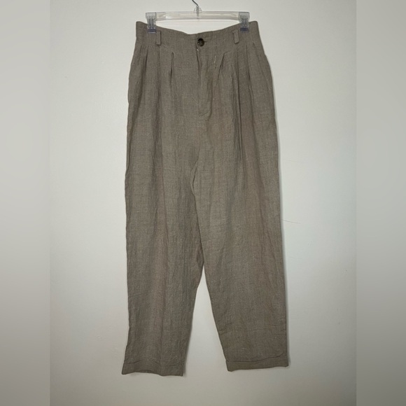 Ann Taylor 100% Linen‎ High-Waist Pleated Trousers Size 12 Tan paper bag waist - Picture 1 of 7